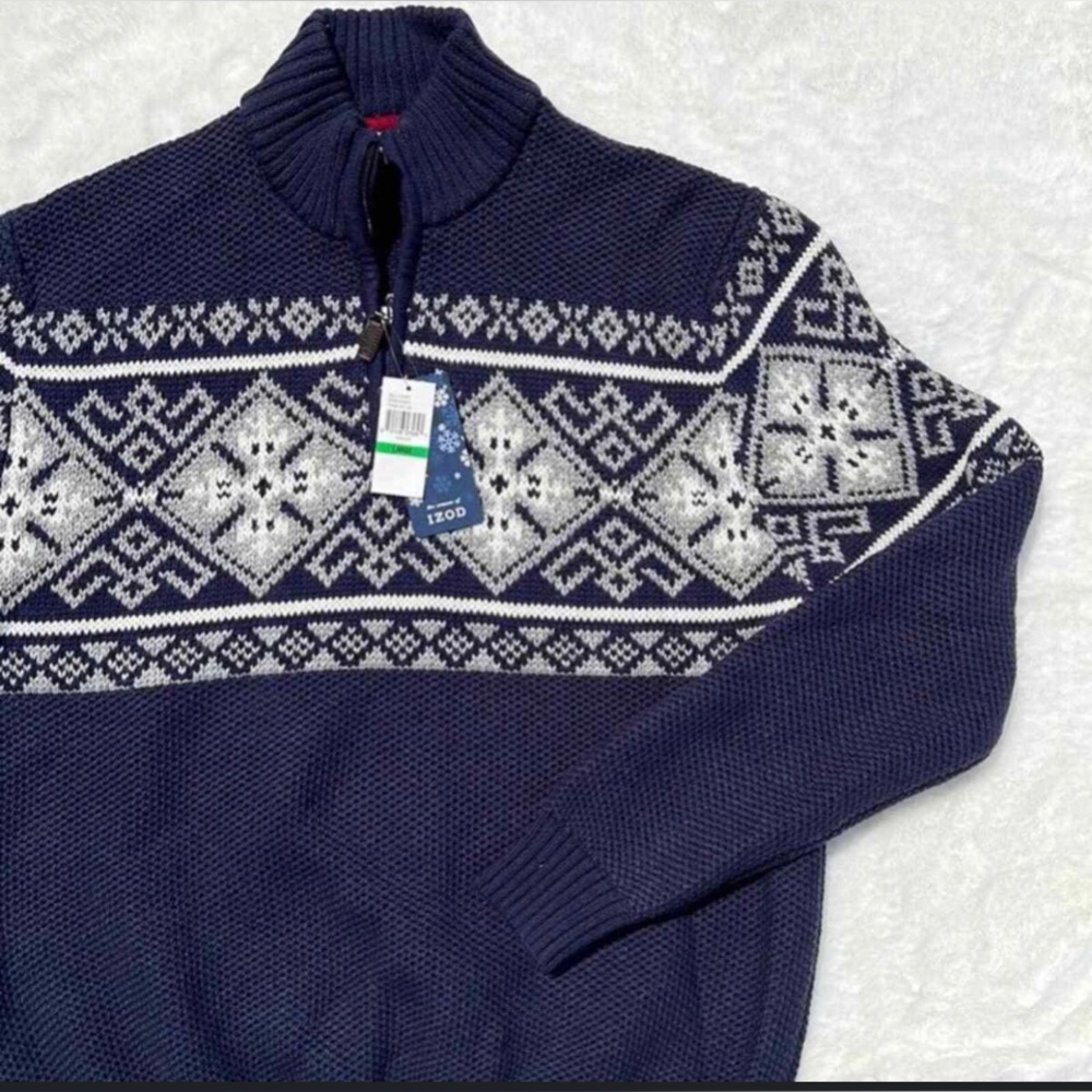 NWT IZOD Pea coat Blue Large long sleeve fair isle Quarter-Zip Sweater